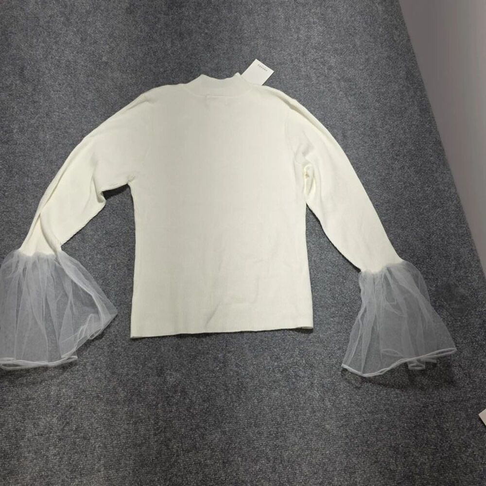 Women’s Ivory Mock Neck Sweater Tulle Bell Sleeves